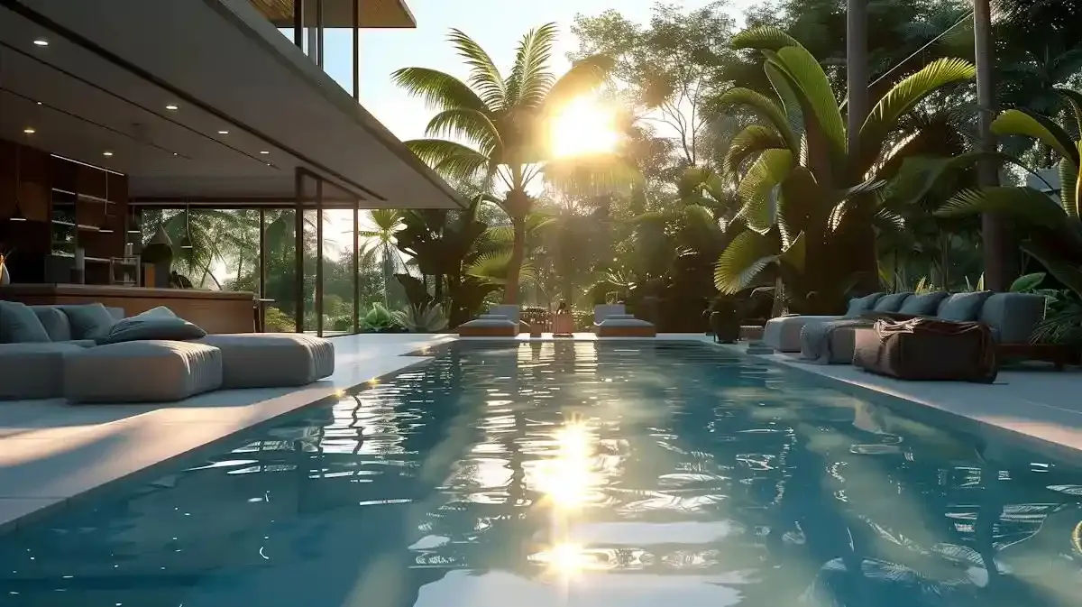 A swimming pool beside a covered lounge terrace among palm trees in low sunlight.